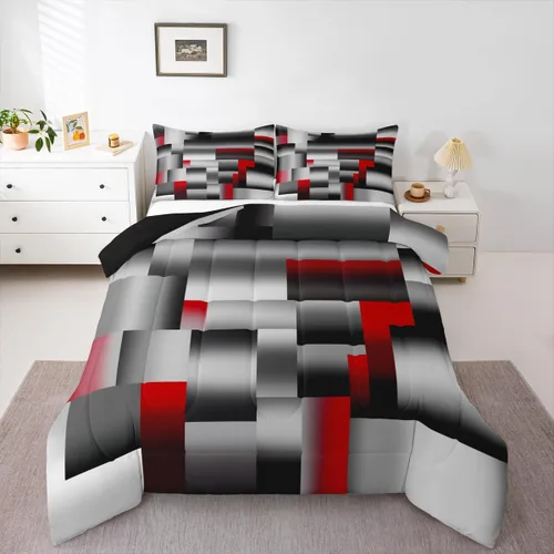 Miniatura 4 de jejeloiu Juego de edredón abstracto verde, gris y negro, tamaño individual, juego de ropa de cama de arte geométrico moderno, edredón rectangular