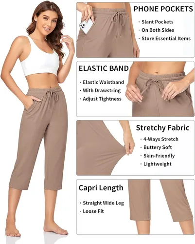 Miniatura 3 de TARSE Pantalones capri de yoga para mujer, holgados, suaves, con cordón, pantalones de entrenamiento casuales con bolsillos