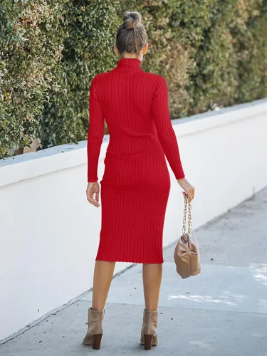 Miniatura 3 de MEROKEETY - Vestido de manga larga acanalado para mujer, con cuello alto, ajuste entallado, longitud por debajo de la rodilla y tejido