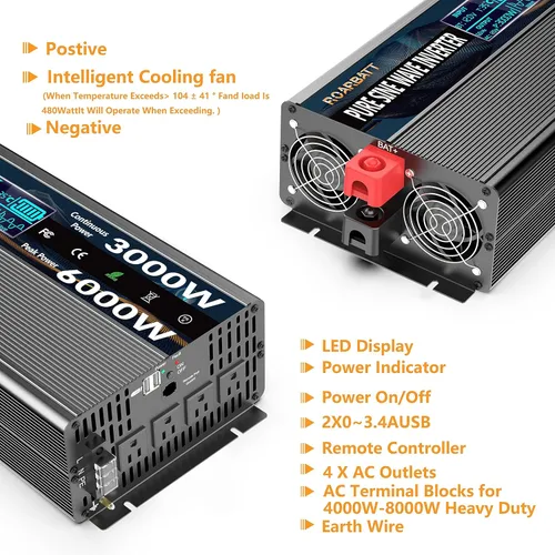 Miniatura 2 de Inversor de corriente de onda sinusoidal pura, 3000 W, 12 V CC a 110 V/120 V CA, pico de 6000 W, control remoto, 4 salidas de CA, USB dual, pantalla