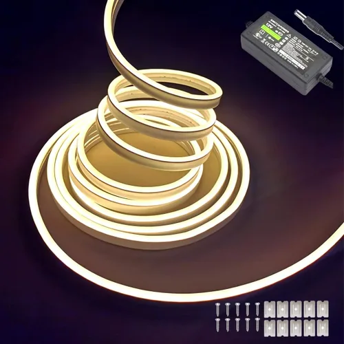 Tira de luces LED de neón de color blanco cálido, 16.4 pies, 12 V, impermeable, luz flexible para decoración de interiores y exteriores (incluye