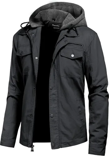 Miniatura 19 de Pursky Chaqueta de lona de algodón militar casual para hombre con capucha desmontable