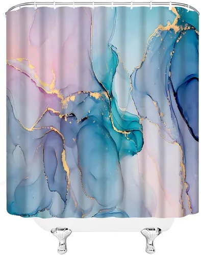 Miniatura 3 de Cortina de ducha de mármol verde azulado y rosa, moderna, abstracta con textura de mármol azul, rayas doradas, elegante decoración de tela de lujo
