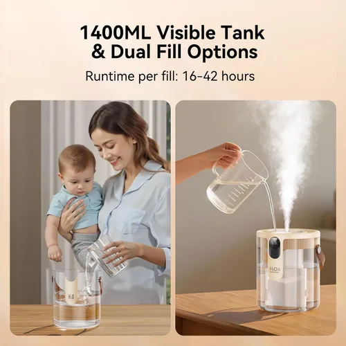 Miniatura 8 de KIMMOO Humidificador portátil recargable de llenado superior, humidificadores inteligentes para dormitorio, luz nocturna, humidificador de niebla