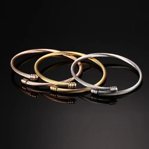 Miniatura 5 de Brazalete trenzado de acero inoxidable triple 3 con alambre de cable apilable para mujer, ororosaplata, Acero inoxidable