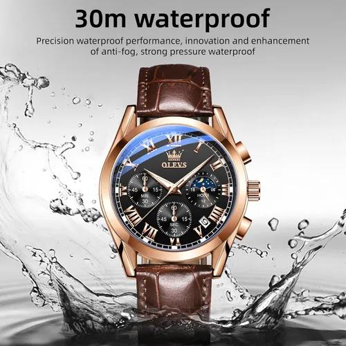 Miniatura 5 de OLEVS - Reloj de pulsera de cuero para hombre, analógico de cuarzo, cronógrafo de lujo con fecha, impermeable, luminoso - Estilo de vestir