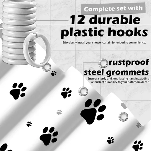 Miniatura 5 de Cortina de ducha con estampado de patas, perro y gato, decoración divertida de baño para niños, tela impermeable con ganchos