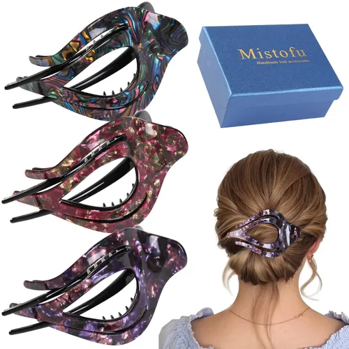 Miniatura 15 de Mistofu 3 pinzas planas de garra – Pinzas curvadas francesas Concord – Fuerte agarre antideslizante garra para mujeres – Pinza grande para cabello
