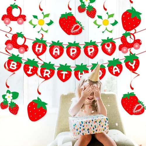 Miniatura 6 de Decoraciones de fiesta de primer cumpleaños con bayas de fresa, 12 piezas de pancarta de feliz bebé, guirnalda de serpentinas de primera flores