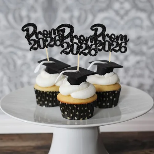 Miniatura 4 de Gyufise 24 piezas de decoración para cupcakes con purpurina para graduación 2026, decoración de pasteles para graduación 2026, decoración de Negro
