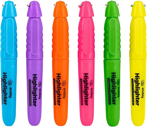 Enday Resaltador de colores surtidos, mini resaltadores de colores con punta de cincel, tapa con clip y llavero, amarillo fluorescente, verde, rojo,