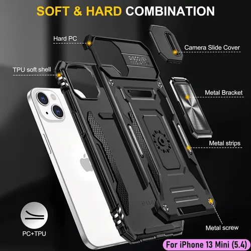 Miniatura 3 de Funda resistente para Apple iPhone 13 Mini, protección híbrida de goma de doble capa de grado militar con protector de cámara deslizante, soporte