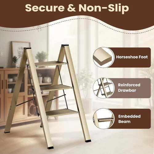 Miniatura 4 de FlyGeneral Escalera de 3 escalones, taburete plegable de escalera, dorado, peldaños antideslizantes más anchos y mejorados, escalera portátil ligera