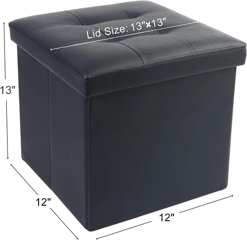 Miniatura 3 de LotFancy Otomana de almacenamiento, taburete plegable para reposapiés, banco pequeño de cuero de 13 x 12 x 12 pulgadas con almacenamiento, soporta