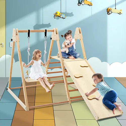 Miniatura 2 de OLAKIDS Gimnasio de la selva para interiores, 4 en 1, plegable de madera Montessori, juguetes de escalada para bebés, con rampa deslizante