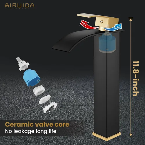 Miniatura 7 de Airuida - Grifo de cascada para baño, grifo de lavabo alto para mueble de baño, en negro mate y oro cepillado, moderno, con un solo agujero, manija