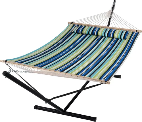 Miniatura 24 de SUNCREAT Hammocks Hamaca doble extragrande con soporte de 12 pies, capacidad de 475 libras, hamaca portátil al aire libre con barra separadora