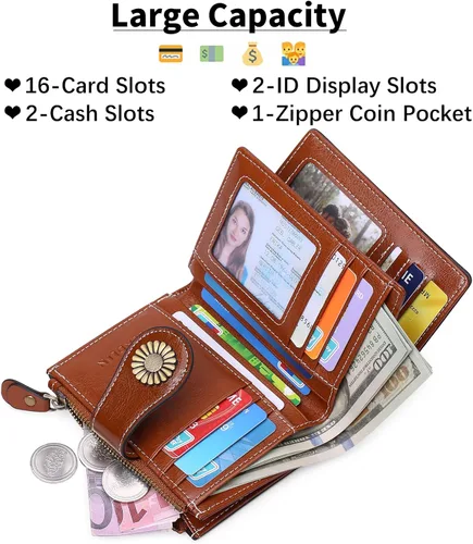 Miniatura 180 de SENDEFN - Billetera pequeña de piel auténtica para mujer, diseño plegable con ventana para tarjeta de identificación
