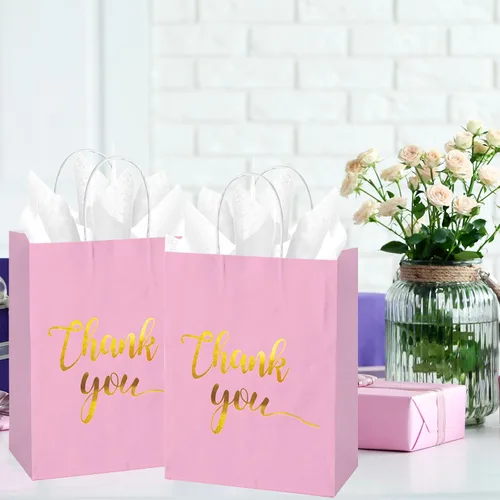Miniatura 5 de 30 bolsas de regalo de agradecimiento con papel de seda dorado con asas para bodas, cumpleaños, negocios, compras, baby showers, recuerdos de Rosado