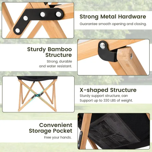 Miniatura 6 de Giantex Sillas de campamento, paquete de 2, sillas de playa plegables para 330 libras, silla de mariposa para exteriores, sillas de césped Negro