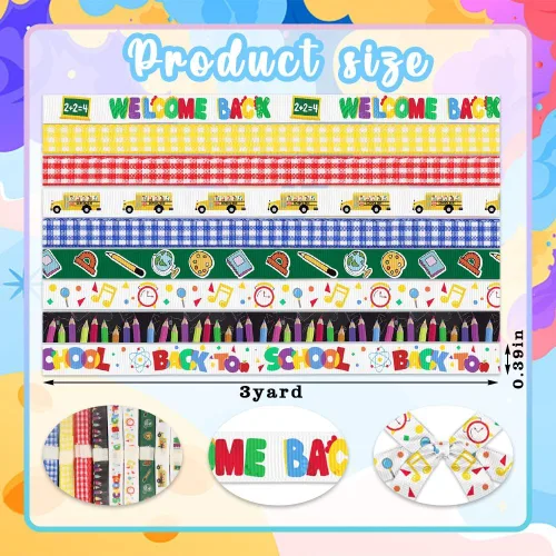 Miniatura 2 de 9 rollos de cintas de grogrén de regreso a clases de 27 yardas – rojo, azul y amarillo – Cintas de envoltura de regalo de 3/8 pulgadas