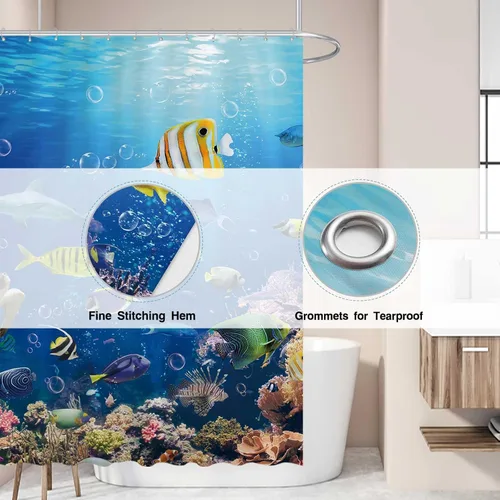 Miniatura 3 de Allenjoy Cortina de ducha de 72 x 72 pulgadas, diseño de pez oceánico, tortuga tropical, tiburón, para decoración de baño, lavable a máquina