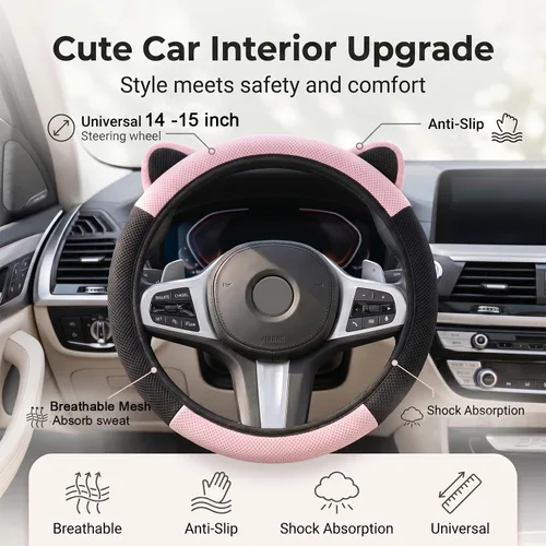 Miniatura 2 de Steering Wheel Cover with Ears Keychain Fit 14-15 inch Black Pink Cute Ears Car Steering Wheel Covers for Women Girls Elastic Breathable Steering