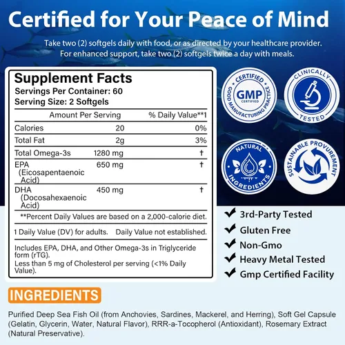 Miniatura 8 de Aceite de pescado Omega 3, suplemento Omega 3 de aceite de pescado para mujeres y hombres, 1280 mg por porción de alto EPA y DHA que apoya la salud
