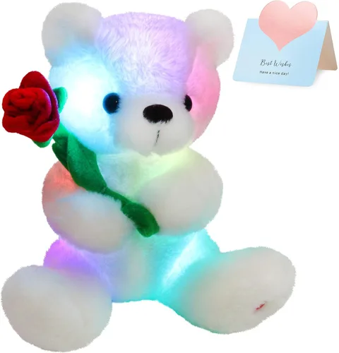 Houwsbaby Oso de peluche brillante con oso blanco y rosa, juguete de peluche suave con luces LED de noche, cumpleaños, Navidad, para niños pequeños,