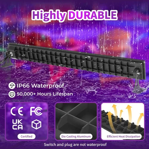 Miniatura 4 de Luz LED negra de 50 W, barra de luz UV de 385 nm con enchufe e interruptor, luces negras impermeables IP66 para fiestas brillantes, decoración