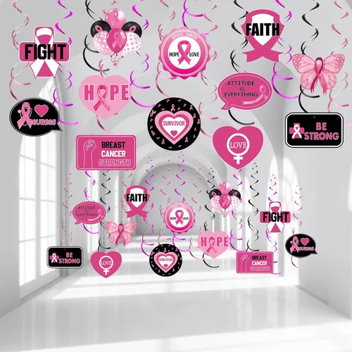 24 piezas colgantes de conciencia sobre el cáncer de mama, decoración de techo para fiesta de cáncer de mama, cinta rosa, fortaleza, coraje para