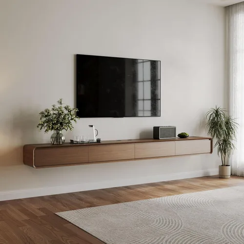 Miniatura 17 de POVISON - Soporte de TV flotante minimalista totalmente ensamblado, moderno centro de entretenimiento montado en la pared con 3 puertas abatibles
