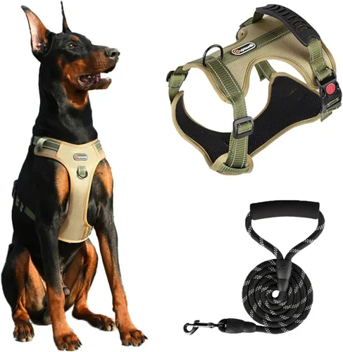 Miniatura 20 de Arnés táctico para perro de tamaño M sin tirones, con asa y ribete reflectante, arnés ajustable para el pecho con clips de correa delantera y Caqui
