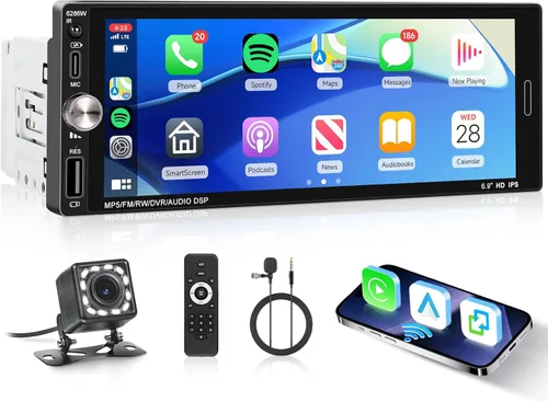 Estéreo de coche de un solo DIN con CarPlay inalámbrico Android Auto Mirror Link, radio de coche, unidad auricular manos libres Bluetooth de 6.9