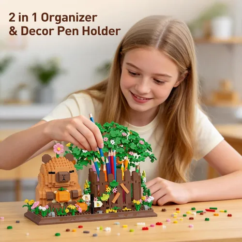 Miniatura 6 de HIGH GODO Capybara - Juego de construcción de portalápices con flores, 2 en 1, lindo organizador de capybara, decoración para bolígrafos, decoración