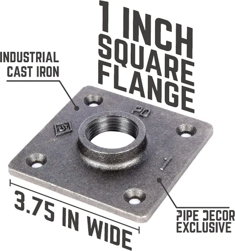 Miniatura 2 de PIPE DECOR - Brida de piso cuadrada de 1 pulgada, paquete de 4 unidades, hierro maleable, compatible con tubos de plomería de acero negro de un
