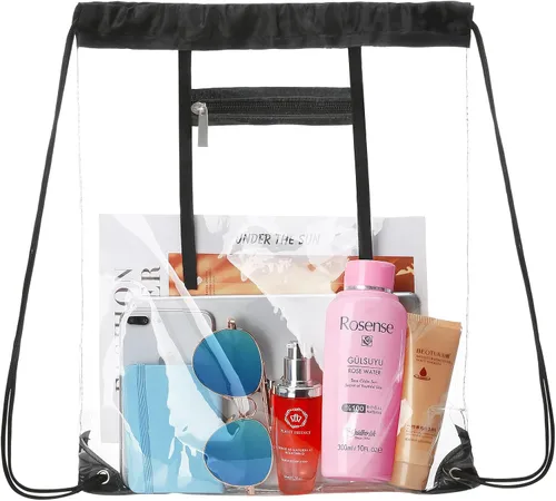 Miniatura 7 de NATURAL STYLE Paquete de 2 bolsas transparentes con cordón aprobadas para estadios, bolsas transparentes de PVC con cordón, mochila transparente