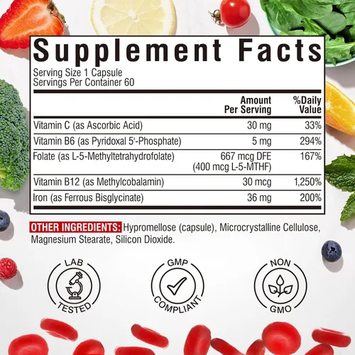 Miniatura 5 de Suplemento de hierro para mujeres y hombres, con vitaminas C, B6, B12 y ácido fólico para la deficiencia de hierro, construcción de sangre y apoyo