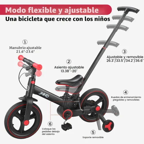 Miniatura 4 de JMMD Bicicleta 6 en 1 para niños de 18 a 60 meses, bicicleta de equilibrio plegable de 12 pulgadas con ruedas de entrenamiento, pedales, frenos