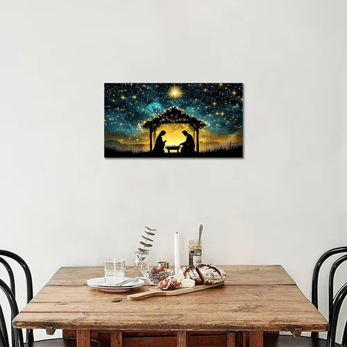Miniatura 4 de TIMUBA Arte de pared de pesebre navideño, impresiones en lienzo de belén, imagen de póster cristiano de Jesús de noche estrellada, pintura