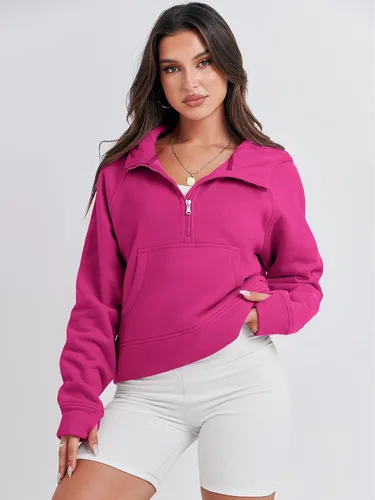 Miniatura 2 de ANRABESS Sudaderas con capucha corta con media cremallera para mujer, sudadera de forro polar con cremallera de un cuarto, ropa de invierno 2023