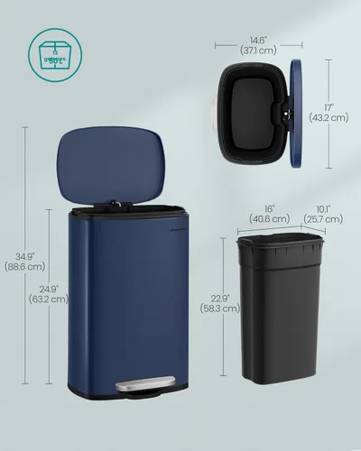 Miniatura 6 de SONGMICS Bote de basura de 13 galones (50 litros), cubo de basura de cocina de acero inoxidable, cubo de basura para reciclaje o basura, cierre Azul