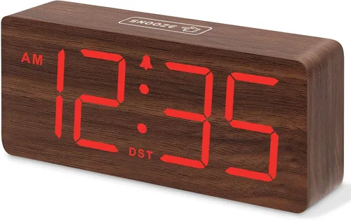 Miniatura 13 de DreamSky Reloj despertador digital de madera para dormitorio, reloj despertador fuerte para personas que duermen mucho con control de volumen