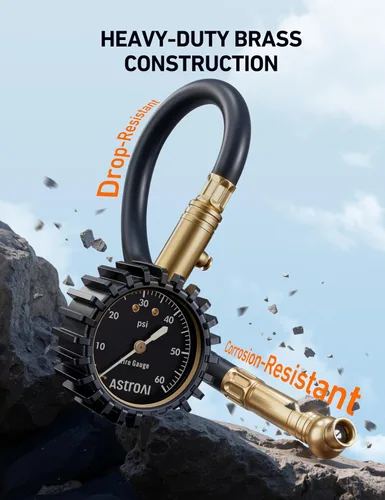 Miniatura 5 de AstroAI Medidor de presión de neumáticos para automóviles con dial grande de 2 pulgadas, latón macizo con manguera de goma, válvula de purga