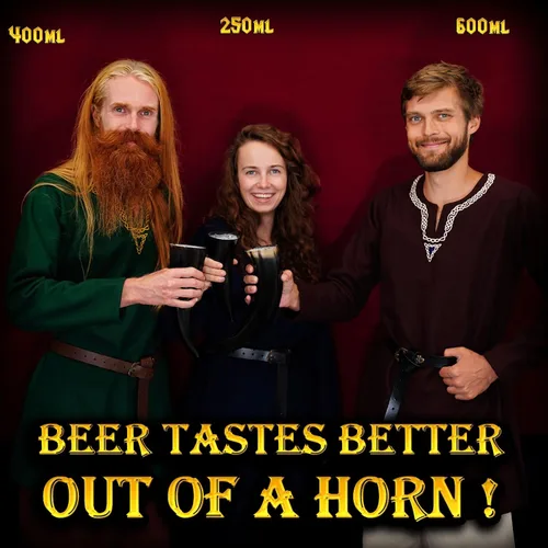 Miniatura 3 de Mythrojan Cuerno vikingo para beber 100% natural, auténtico, decoración de latón, cuerno nórdico con funda de cuero negro, bolsa de lona para vino