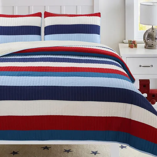 Miniatura 24 de Cozy Line Home Fashions Juego de ropa de cama acolchada reversible para niño de 100% algodón a rayas azul marino, colcha cubrecama para todas