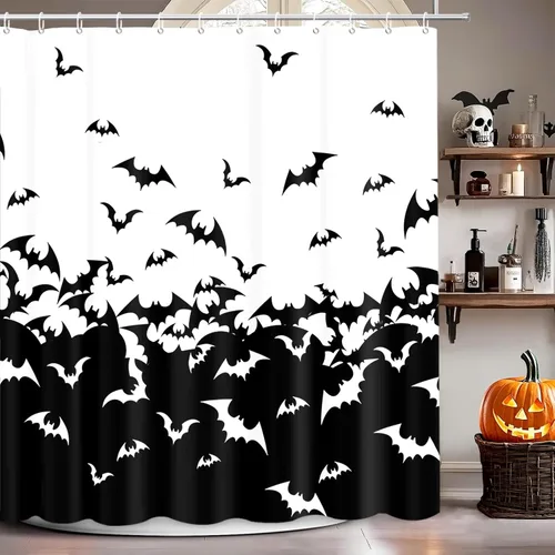 MEHOFOND Cortina de ducha de murciélagos espeluznantes para Halloween, diseño de murciélago volador, cortina de baño decorativa de Halloween,