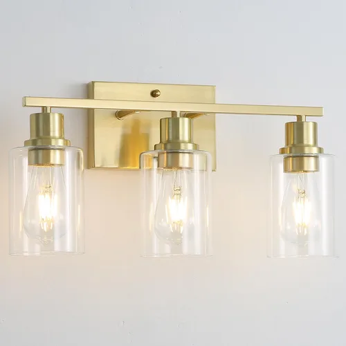 Miniatura 11 de Lámparas de tocador de baño de 3 luces, apliques de pared negro mate con pantallas de vidrio transparente, iluminación de pared moderna de granja