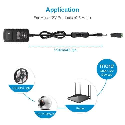 Miniatura 8 de Fuente de alimentación de 12 V, fuente de alimentación de 12 voltios 1A 12 W CC con interruptor de encendido y apagado, adaptador de corriente LED