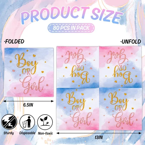 Miniatura 2 de 80 servilletas de papel para revelación de género para niños o niñas, servilletas desechables de acuarela azul y rosa decorativas para suministros